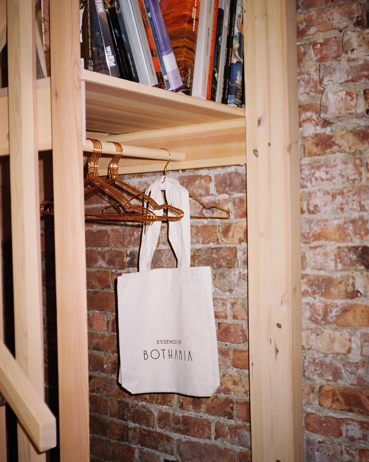 Tote bag with 'Hous eof Bothania' logo hanging on a wooden shelf with books and hangers against a brick wall.