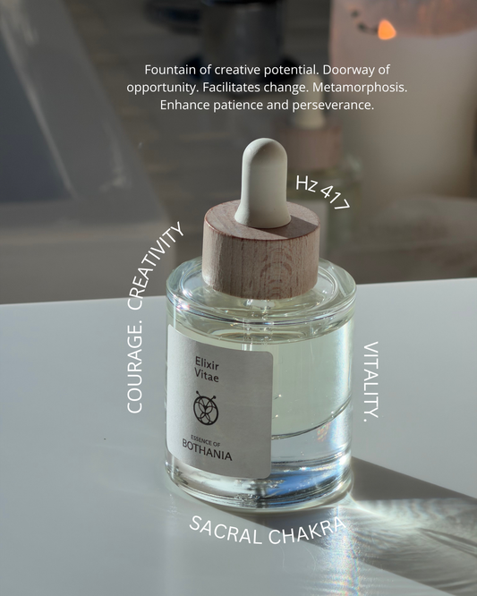 Perfume Oil 'Elixir Vitae' made by House of Bothania. Bio-energetic perfume oil. Glass bottle with wood cap, light background from a bathroom, lighted candles. Text overlaying the picture with the frequency of the perfume oil and it's emotional benefits.