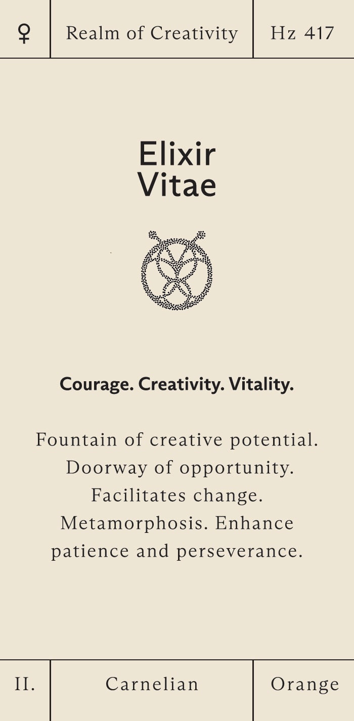 Elixir Vitae card with text and symbols on a beige background