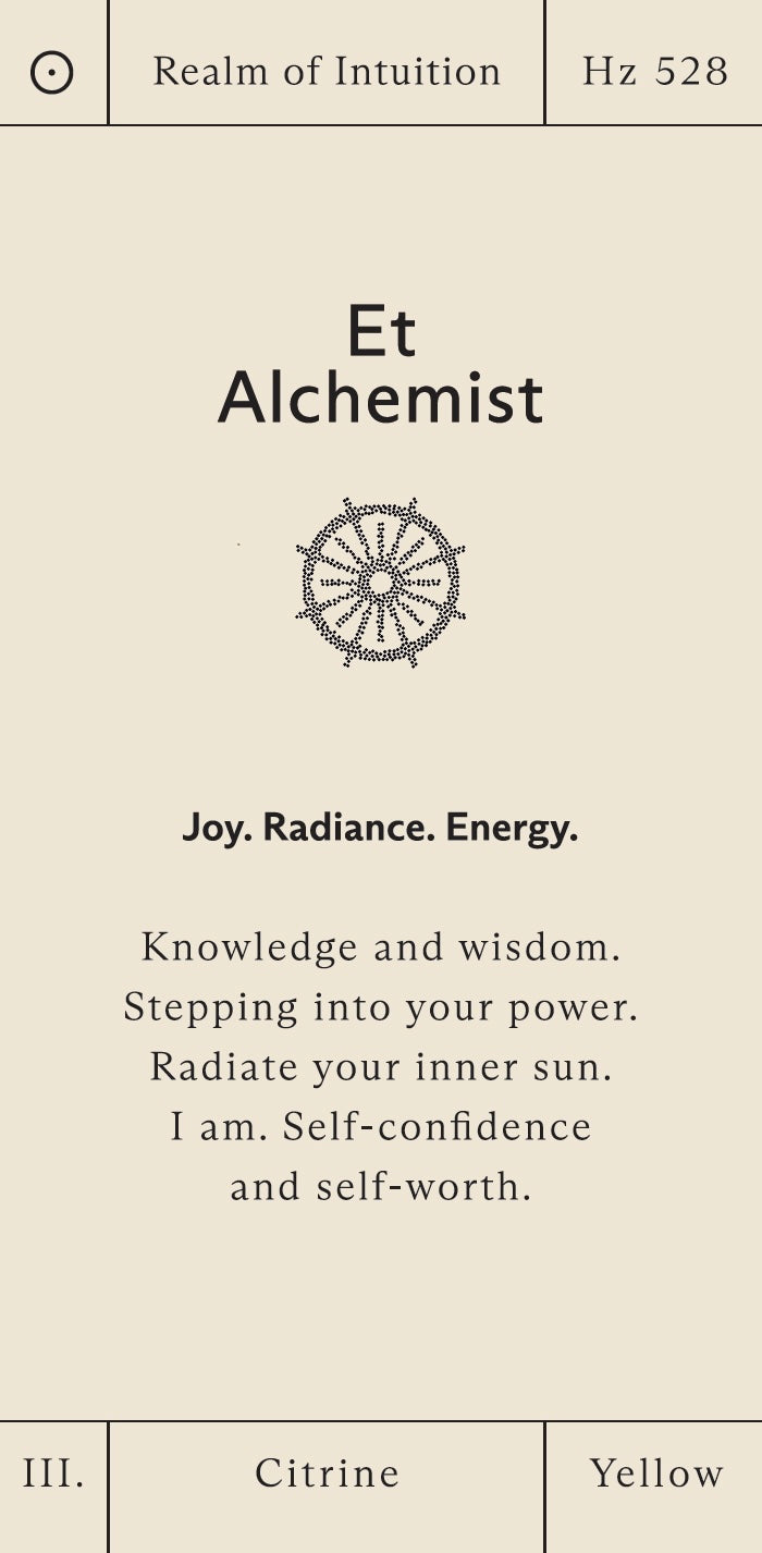 Card from 'Et Alchemist' with text and symbols on a beige background