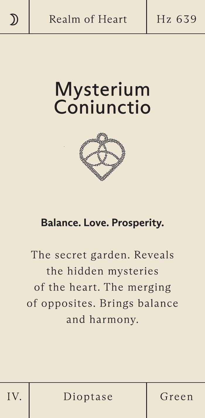 Card with 'Mysterium Coniunctio' design, symbols, and text on a beige background