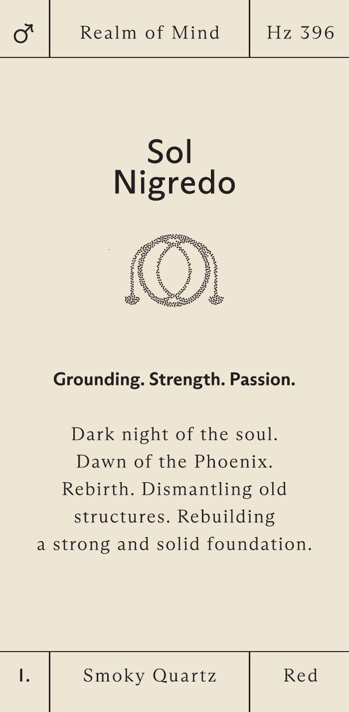 Card with 'Sol Nigredo' symbol, description, and associated elements on a beige background