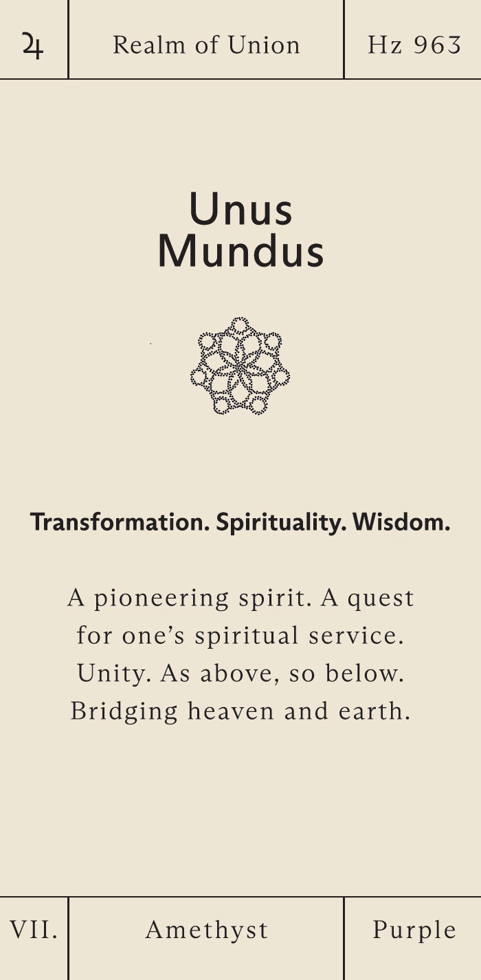 Card with 'Unus Mundus' design, text, and symbols on a beige background