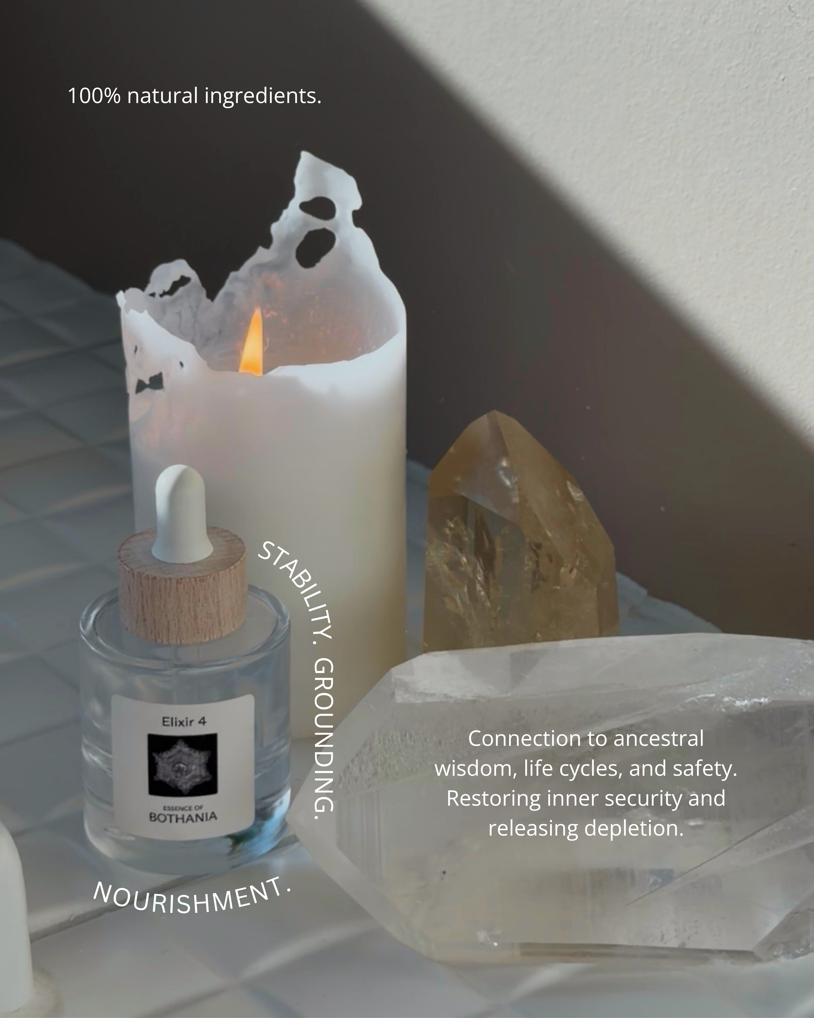 Elixir 1 made by House of Bothania. Glass bottle with wooden dropper cap, placed by a lighted candle, and crystals. Text overlaying the picture with the emtional benefits of the elixir, womb wisdom and 100% natural ingredients.