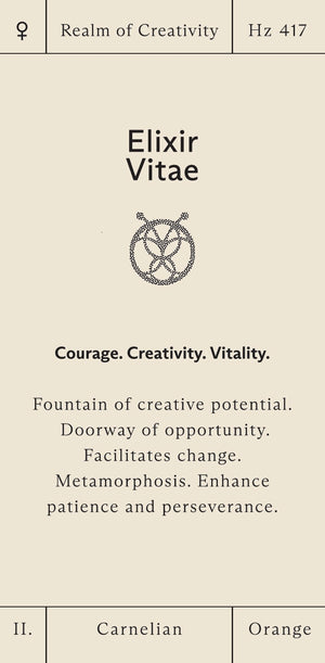 Elixir Vitae card with text and symbols on a beige background