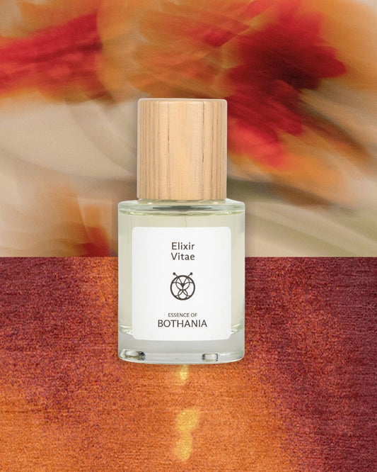 Bottle of Elixir Vitae made by House of Bothania — with wooden cap on a colorful background. Bioenergetic perfume made to awaken your senses. Elixir Vitae connects us to the sacral chakra. Joy, creativity, feminine center. 