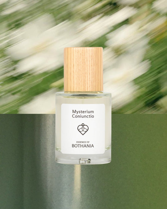Bottle of 'Mysterium Coniunctio' by House of Bothania — with a wooden cap against a blurred natural background. Bioenergetic perfumes made to awaken your senses. 'Mysterium Coniunctio' is connected to our heart chakra, is represents balance, love and prosperity. 
It reveals the hidden mysteries of the heart. The merging of opposites. Brings balance and harmony.