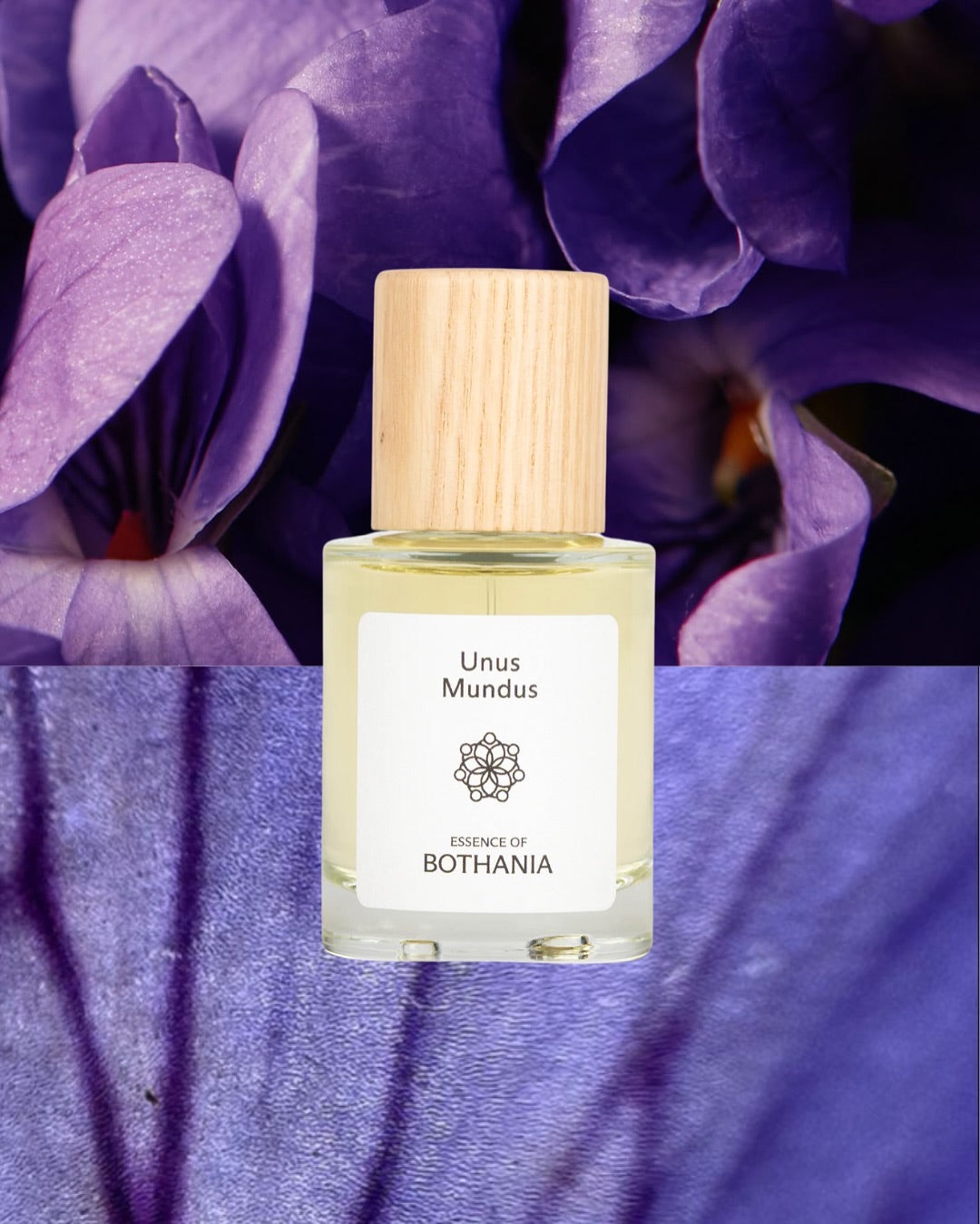 Bottle of 'Unus Mundus' made by House of Bothania — glass bottle with a wooden cap, against a purple floral background. Bio-energetic perfume made to awaken your senses, Unus Mundus is connected to your crown chakra. Carries the frequencies of spirituality, transformation, wisdom  — bridging heaven and earth.